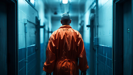 Fototapeta na wymiar a prisoner in a US federal prison mysteriously entering a cell at night wearing an orange prisoner uniform,generative ai