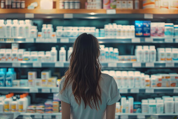 A woman stands in front of a pharmacy shelf - obrazy, fototapety, plakaty