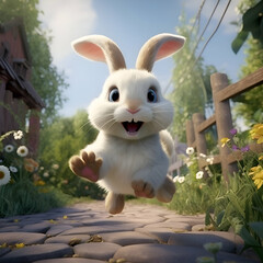 Cute white rabbit in the garden. Easter bunny. Easter bunny