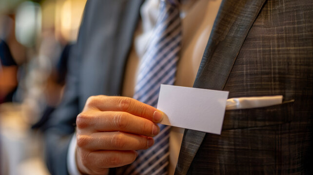 Man in suit holding business card.
