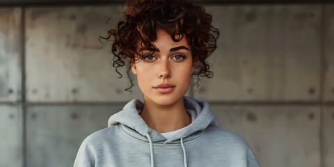 Stylish brunette woman in gray hoodie and athleisure attire poses in car parking lot with short curly hair. Concept Car Photoshoot, Athleisure Fashion, Stylish Poses, Curly Hair, Urban Setting