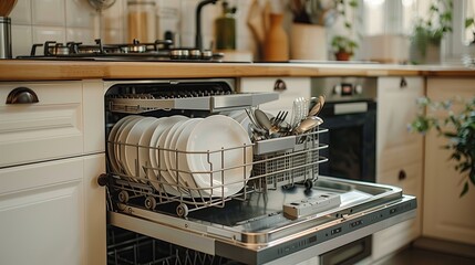 A kitchen appliance, dishwasher, filled with plates and silverware in a house - obrazy, fototapety, plakaty