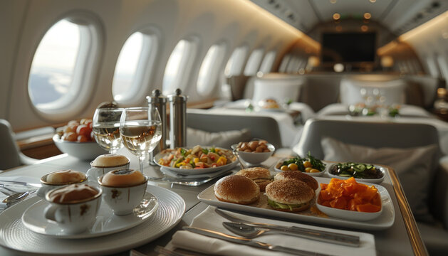 gourmet dining in fist class airplane,generative ai