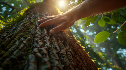 Hand touching tree trunk in forest