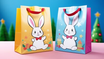 Three bags with rabbits on them. One is red, one is green, and one is blue