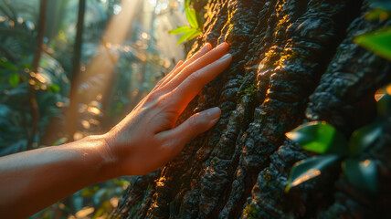Hand touching a tree trunk in a forest