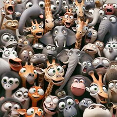 A cheerful crowd of animated animals is tightly packed together, displaying a variety of emotions and expressions