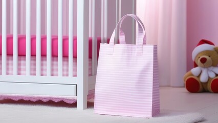 A pink bag is on a crib