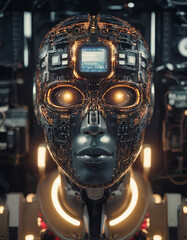Espressione meccanica: il volto di un robot riflette la perfezione tecnologica e l'evoluzione dell'intelligenza artificiale nell'era futura. - obrazy, fototapety, plakaty