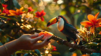 Obraz premium Hands feeding a toucan with fruit.