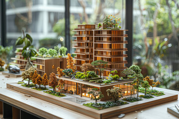 A detailed model of an urban complex featuring wood and greenery, with three buildings connected by bridges to an interior courtyard. Created with Ai