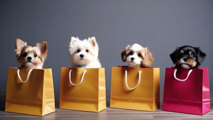 Four puppies are in shopping bags, with one bag being pink and the other three being yellow. The image conveys a playful and lighthearted mood, as the puppies are posed in a fun and unexpected way - Powered by Adobe