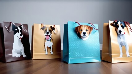 Four dog-themed gift bags are lined up on a wooden floor. The bags are of different colors and sizes, and each one features a dog's face. The bags are arranged in a row, with the first bag on the left