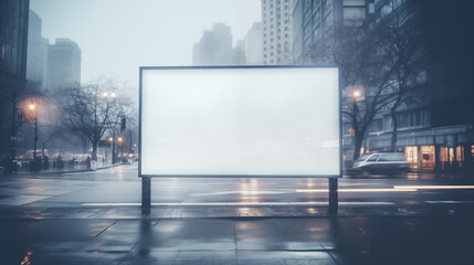 Large white billboard is positioned in front of tall buildings, showcasing a mockup. - obrazy, fototapety, plakaty