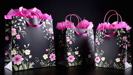 A row of colorful bags with flowers in them. The bags are arranged in a row and are of different colors and patterns