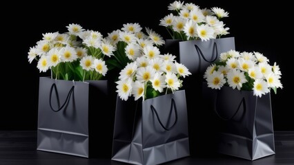 Three black flower bags with yellow, white and blue flowers. The bags are arranged in a row on a black background