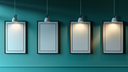 A quartet of mockup frames on a subdued teal wall, each under a discrete, modern light fixture.  - obrazy, fototapety, plakaty