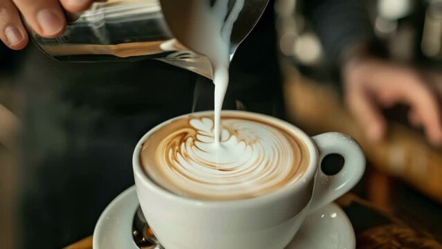 Latte art, barista making latte art on a cup of flat white