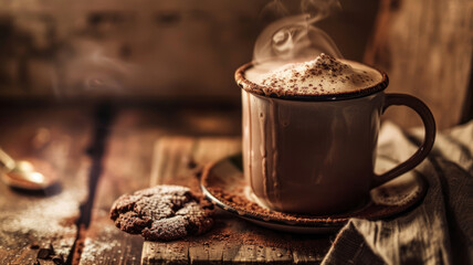 Hot coffee mug with cookies on wooden surface