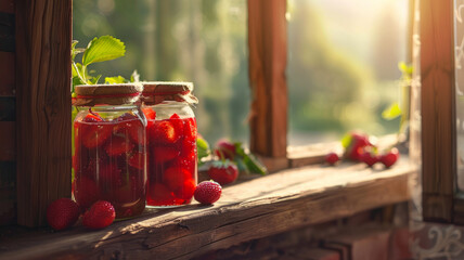 Jars of strawberry preserves on windowsill - obrazy, fototapety, plakaty