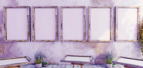 A soft lavender art gallery with a serene atmosphere, featuring empty blank mock-up posters in...