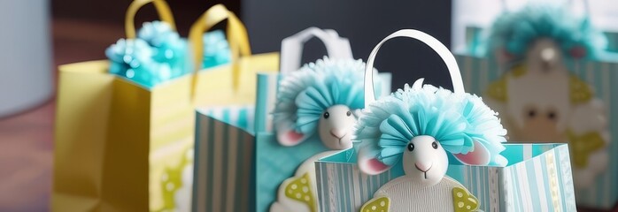 A row of sheep-themed gift bags are lined up on a table. The bags are yellow and black, with sheep...