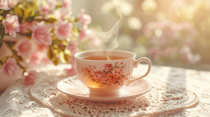 A steaming cup of tea with flowers in sunlight