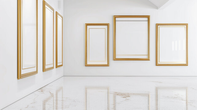 A white art gallery with a contemporary edge, featuring empty blank mock-up posters in bold, metallic gold frames. 