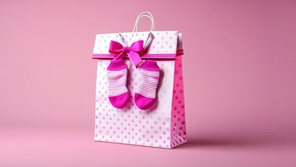 A pink shopping bag with a bow on it is holding two pink baby shoes. Concept of innocence and tenderness, as the baby shoes are often associated with newborns and the beginning of a new life