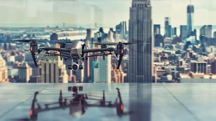 Fototapeta premium Unmanned drone carefully lowers a package to its destination with precision. Delivery of goods, parcels and documents using an unmanned drone.