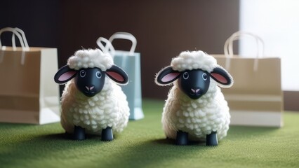Two sheep are standing next to each other on a green surface. One of the sheep is holding a bag