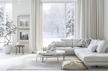 White living room with a sofa and coffee table, a winter landscape outside the window