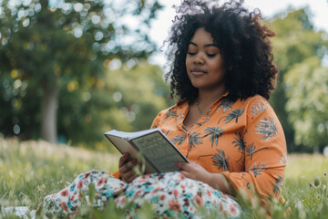 African American woman reading in a park, serene and relaxed. - obrazy, fototapety, plakaty