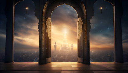 Eid mubarak background with mosque and golden door at sunset