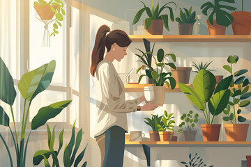 Young woman taking care of her plants