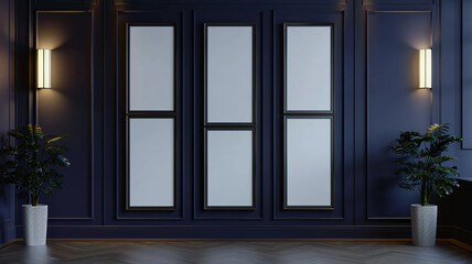 Five tall, narrow mockup frames on a deep navy wall, illuminated by sleek, modern lighting. The elegant arrangement 