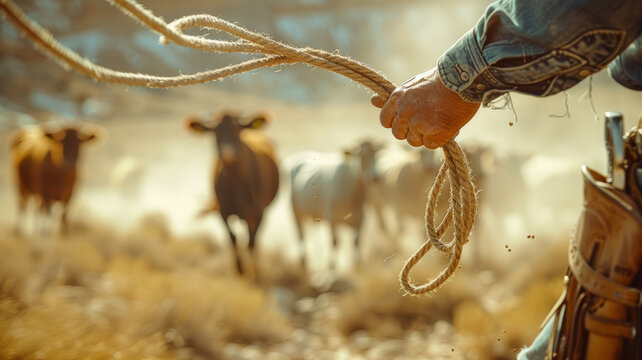 Cowboy roping cattle on a ranch.