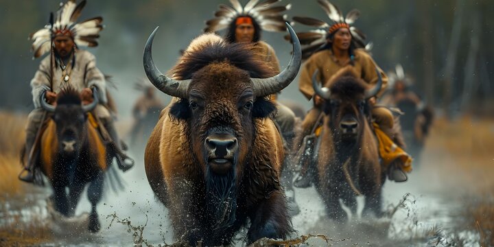 Sioux hunting bison with GrandPre gle watching. Concept Historical Reenactment, Wildlife Photography, Midwest Heritage, Cultural Representation, Tribal Traditions