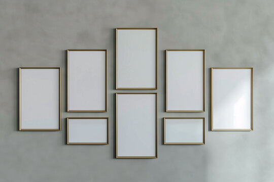 Five rectangular mockup frames on a soft gray wall, each with a different width, creating a staggered visual effect. 