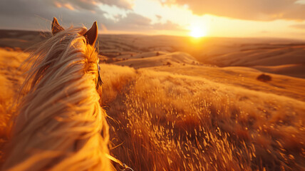 Photo of a horse at sunset in a field. - obrazy, fototapety, plakaty