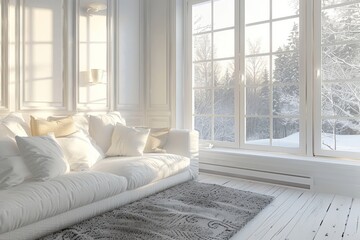 White living room with a sofa and window, a winter landscape outside the windows