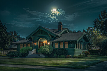 Quiet suburban night, a jade Craftsman style house under a blanket of stillness, occasional...