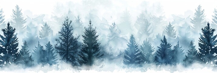 pattern of a misty pine forest, with each tree in soft shades of blue and grey against a white background The trees form an ethereal border along the edge Generative AI
