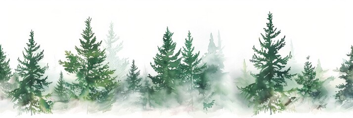 watercolor border of evergreen trees in mist creates an ethereal and serene feel on a white background Generative AI