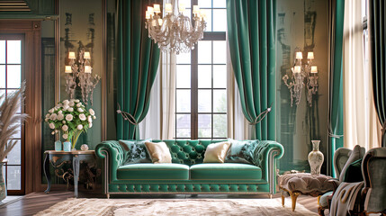 Fototapeta na wymiar Interior of a classic hall room, in emerald and gold shades