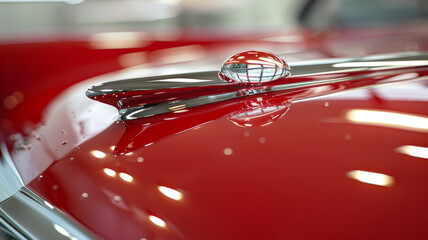 Close-up of a hood ornament on a red car.
