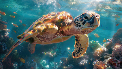 Naklejka na ściany i meble Turtle swimming in the ocean, surrounded by fish and corals. The turtle has black, brown and orange colors with detailed patterns on its shell. Created with Ai