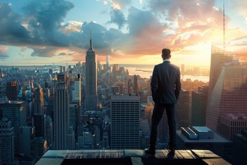 Businessman standing on a roof and looking at city 32k, full ultra hd, high resolution