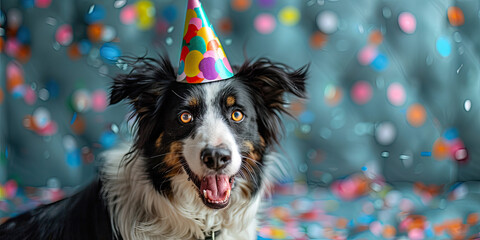 A border collie wearing a colorful birthday hat, with confetti flying around in the background, smiling at the camera. Created with Ai