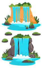 Waterfalls and stone islands. Gaming platform, cartoon forest landscape, 2d user interface design for computer or mobile phone. Bright waterfall with stones and vegetation.